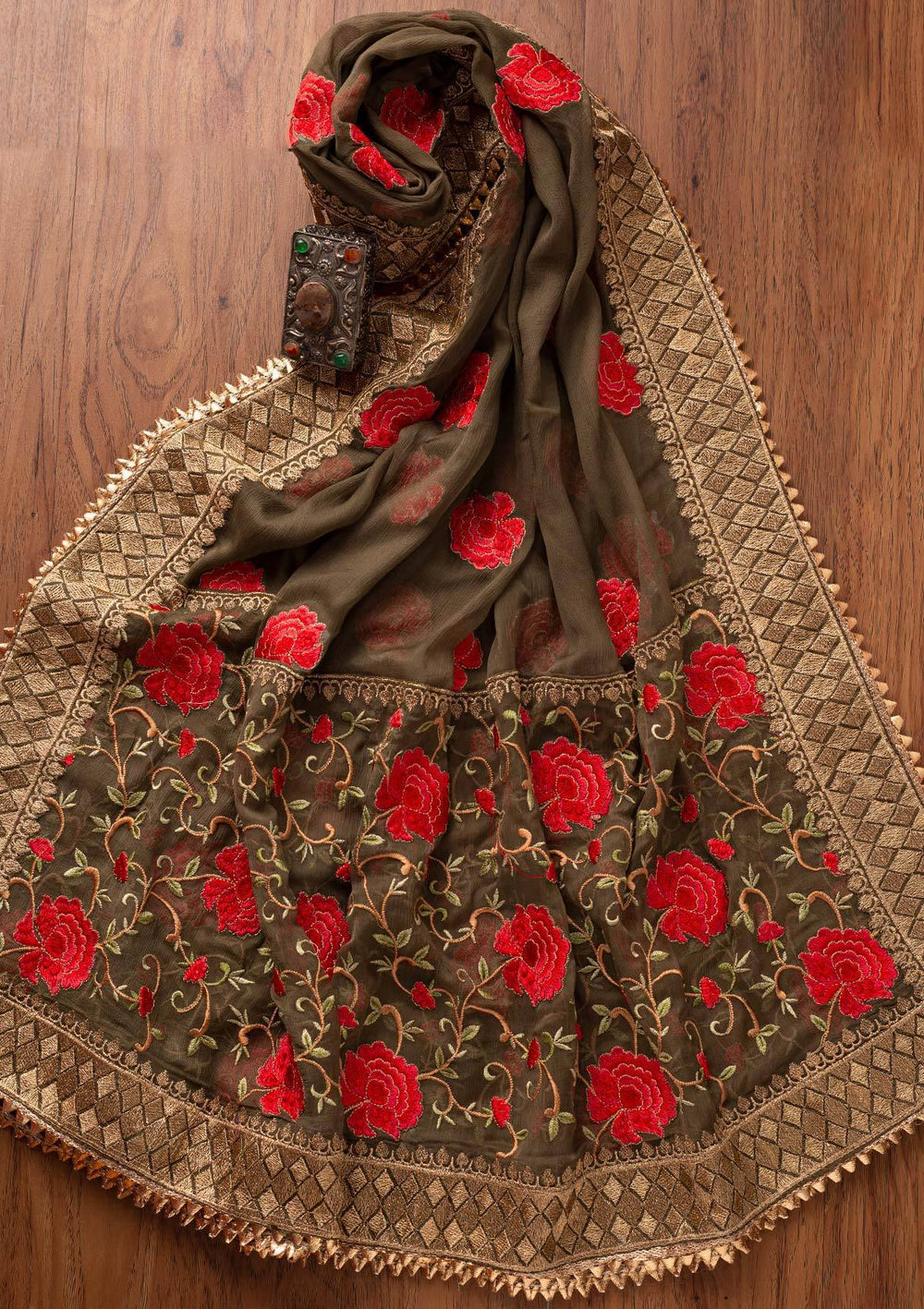 Mehendi Stonework Satin Designer Unstitched Salwar Suit - koskii