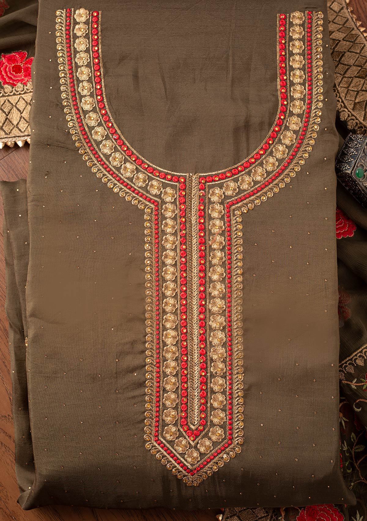 Mehendi Stonework Satin Designer Unstitched Salwar Suit - koskii