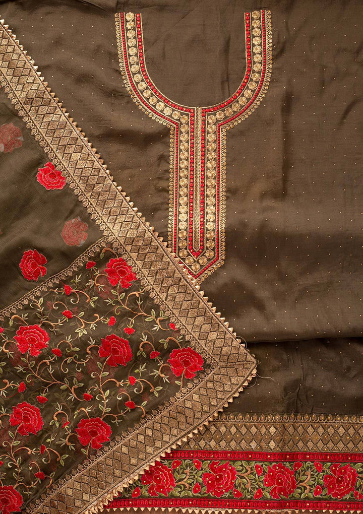 Mehendi Stonework Satin Designer Unstitched Salwar Suit - koskii