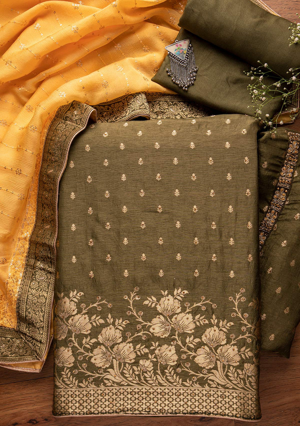 Mehendi Zariwork Semi Crepe Designer Unstitched Salwar Suit - koskii