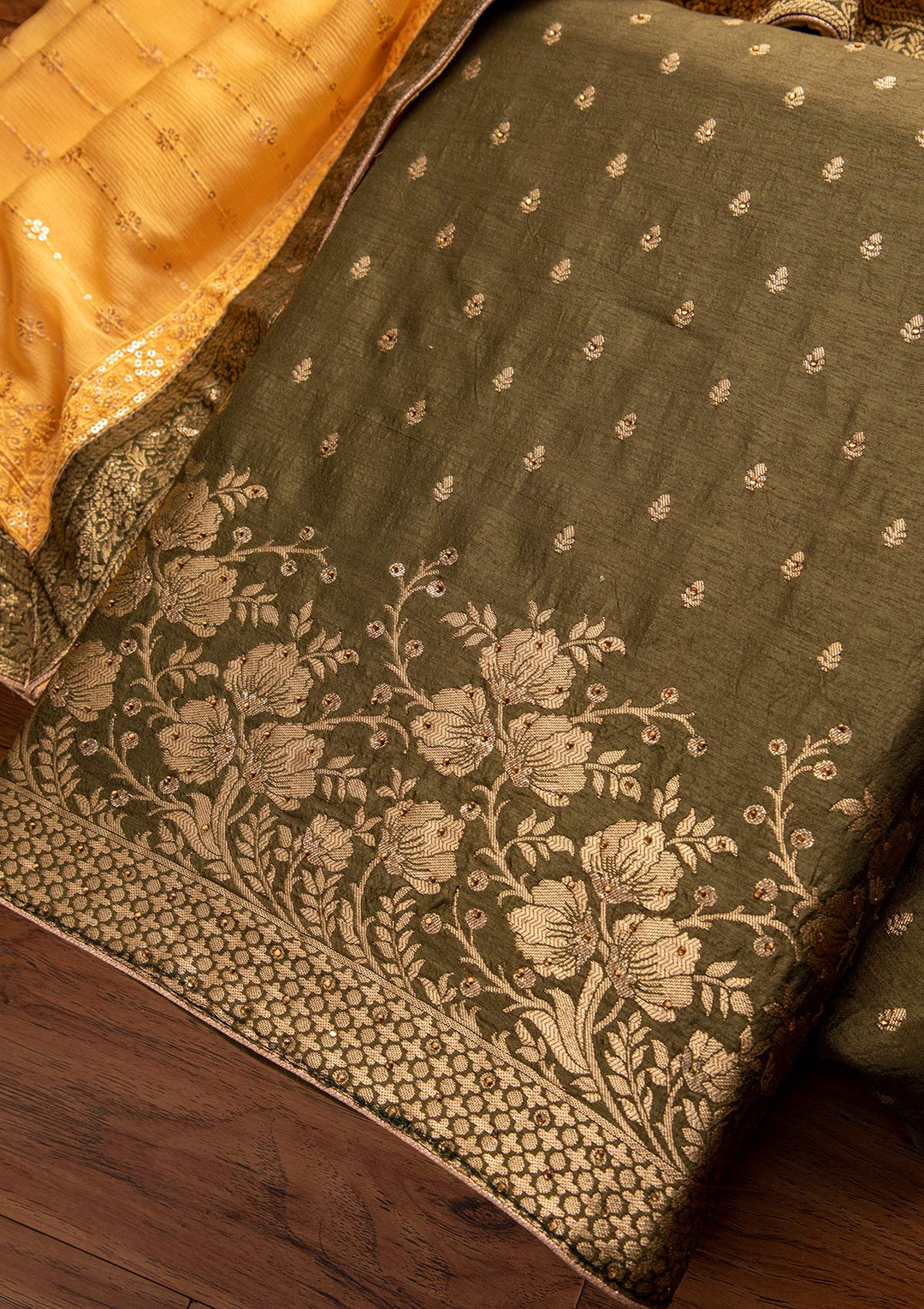 Mehendi Zariwork Semi Crepe Designer Unstitched Salwar Suit - koskii