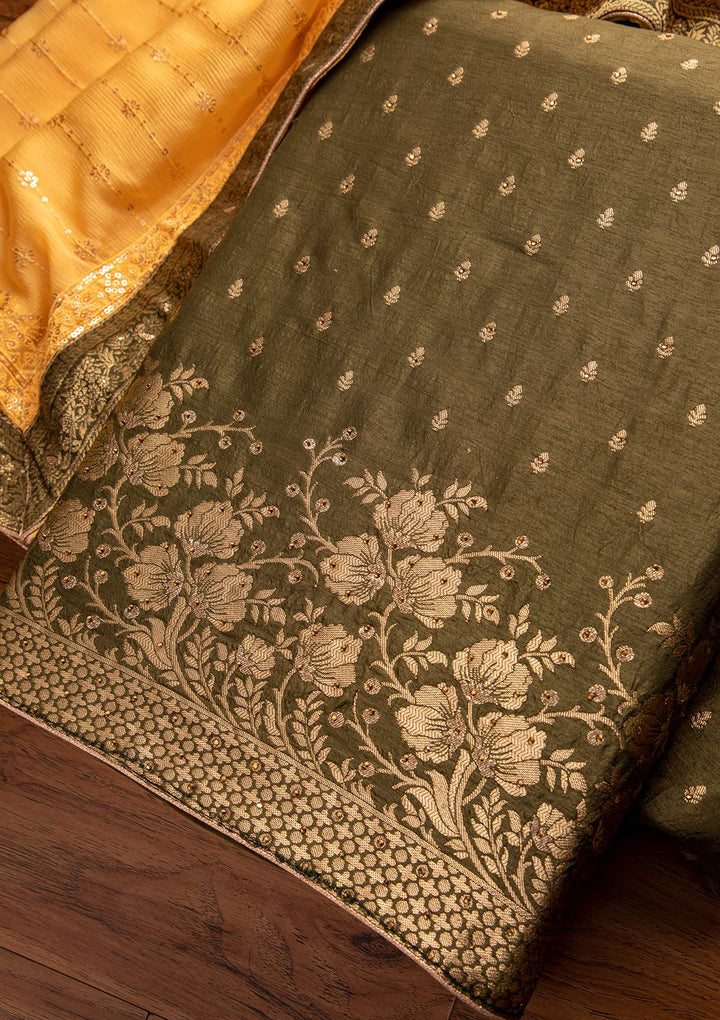 Mehendi Zariwork Semi Crepe Designer Unstitched Salwar Suit - koskii