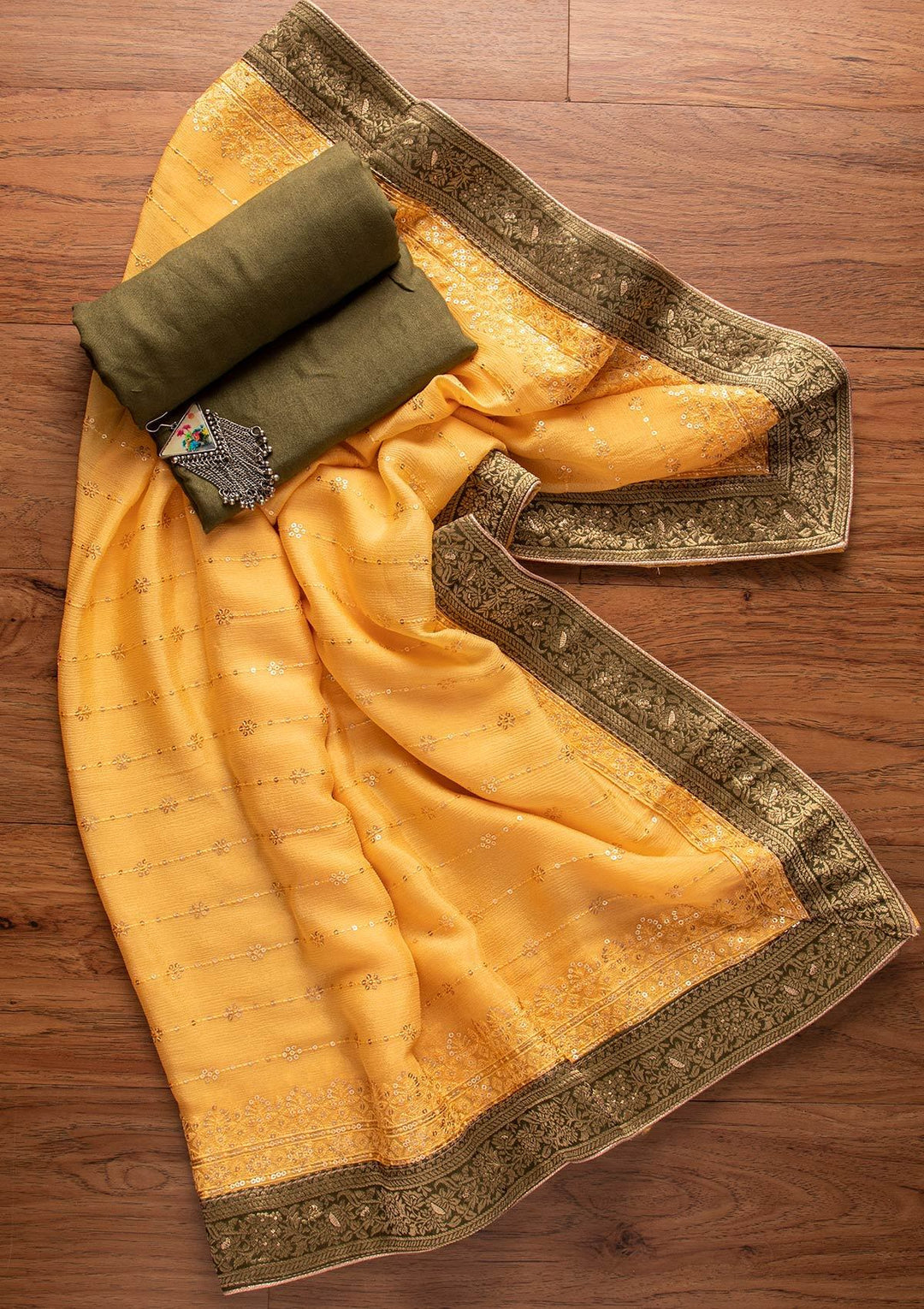 Mehendi Zariwork Semi Crepe Designer Unstitched Salwar Suit - koskii