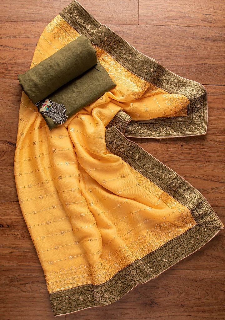 Mehendi Zariwork Semi Crepe Designer Unstitched Salwar Suit - koskii