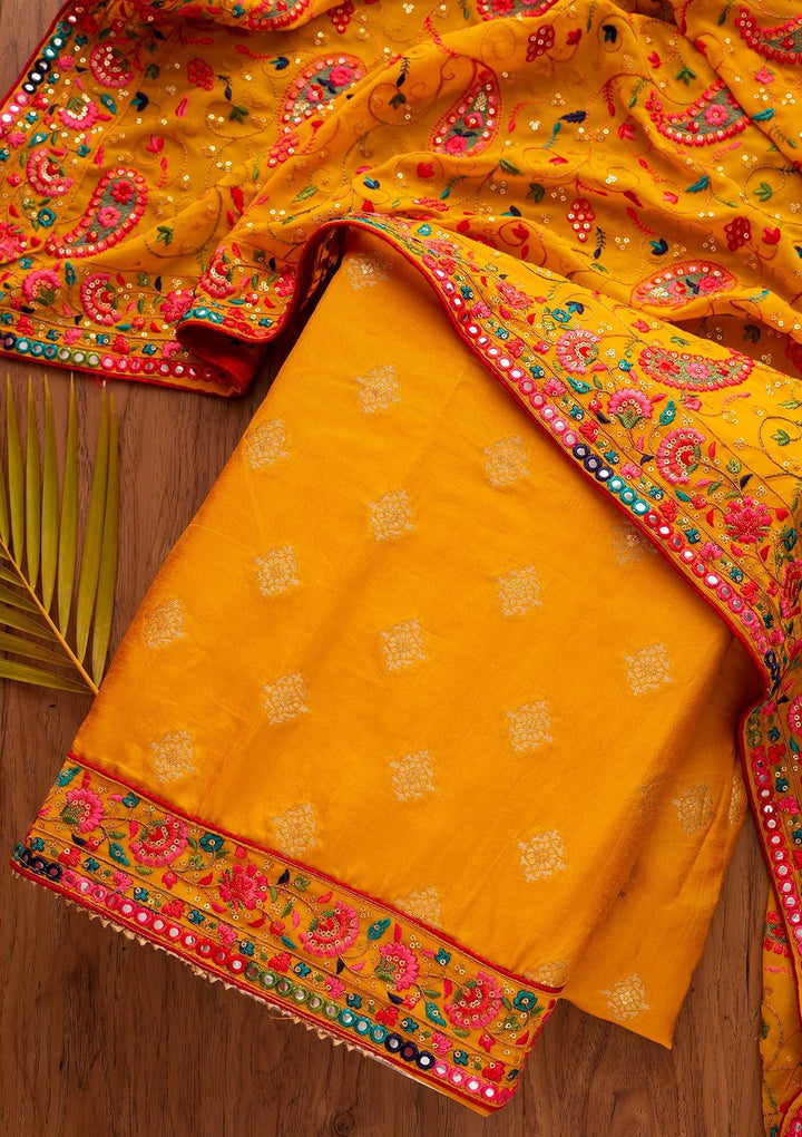 Mustard Chikankari Semi Crepe Designer Unstitched Salwar Suit - koskii