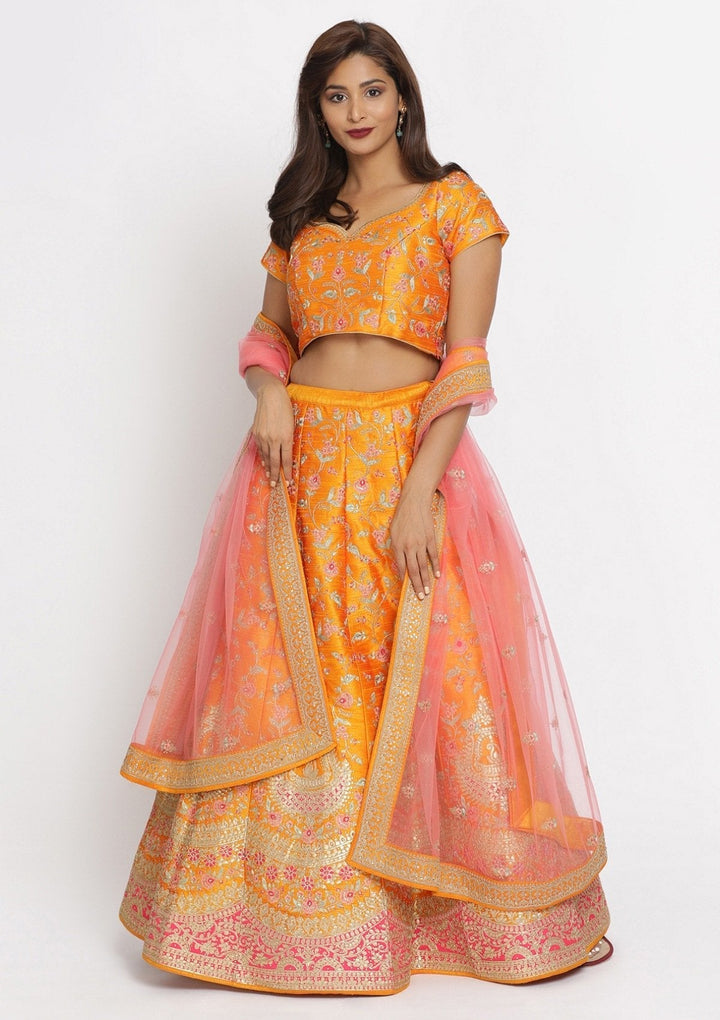 Mustard Gotapatti Raw Silk Designer Semi-Stitched Lehenga - koskii
