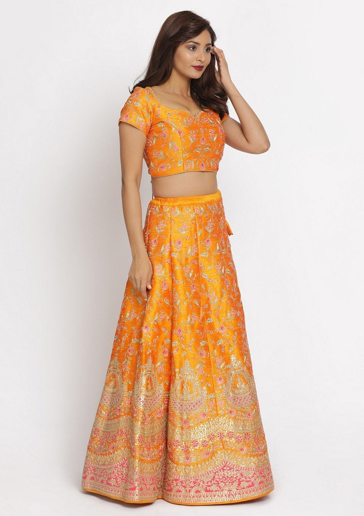 Mustard Gotapatti Raw Silk Designer Semi-Stitched Lehenga - koskii