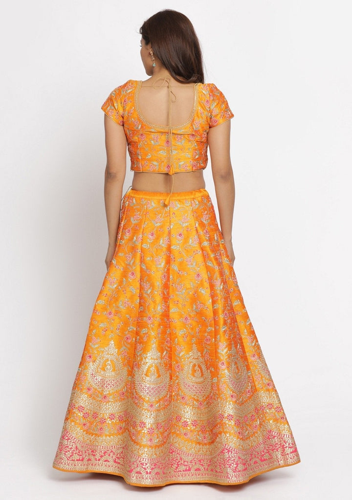 Mustard Gotapatti Raw Silk Designer Semi-Stitched Lehenga - koskii