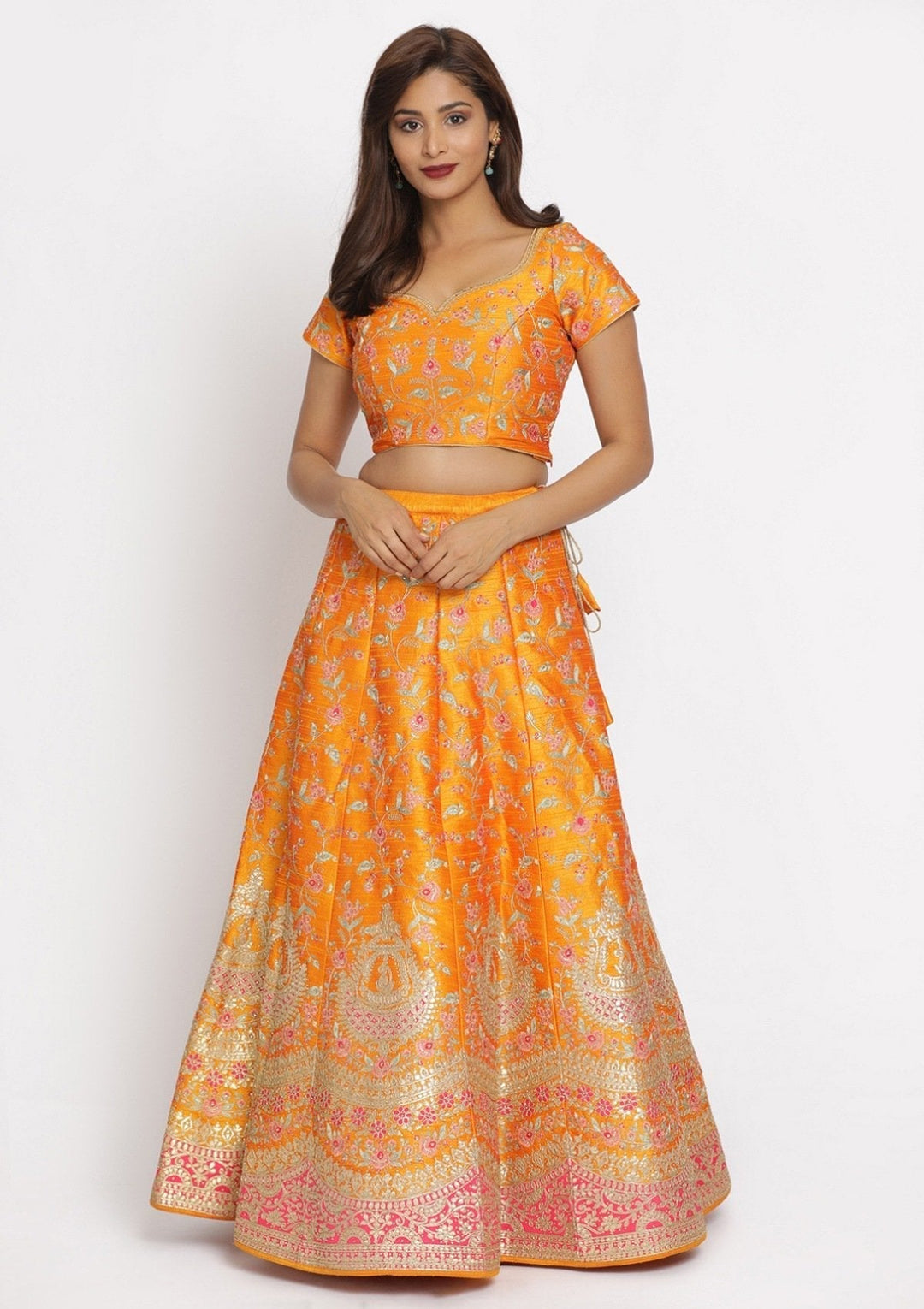 Mustard Gotapatti Raw Silk Designer Semi-Stitched Lehenga - koskii