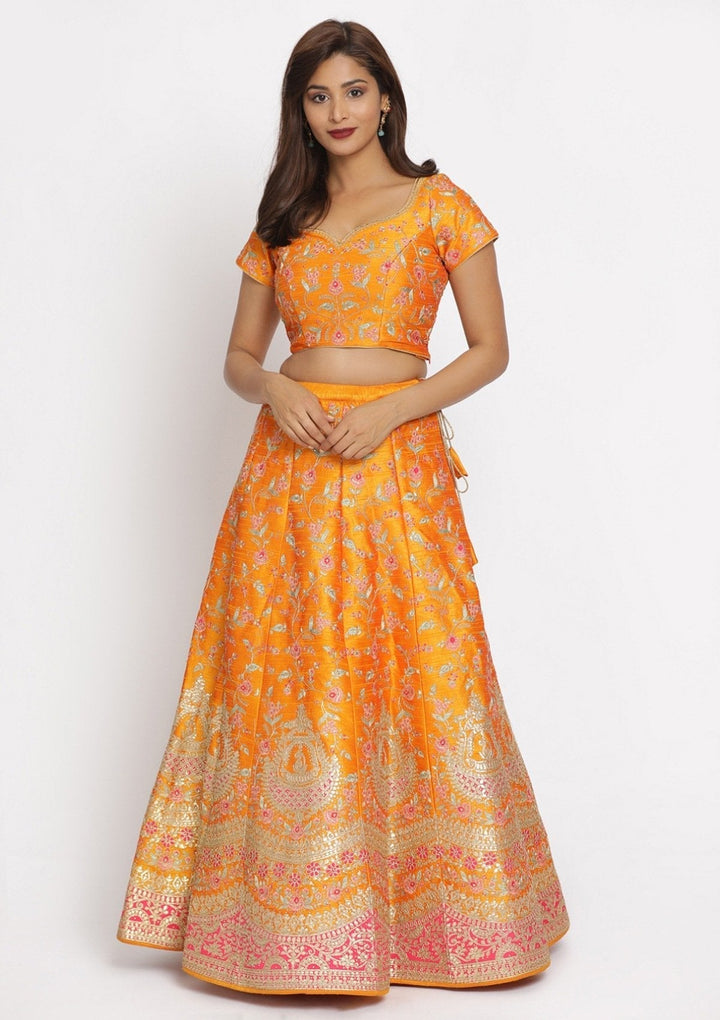 Mustard Gotapatti Raw Silk Designer Semi-Stitched Lehenga - koskii