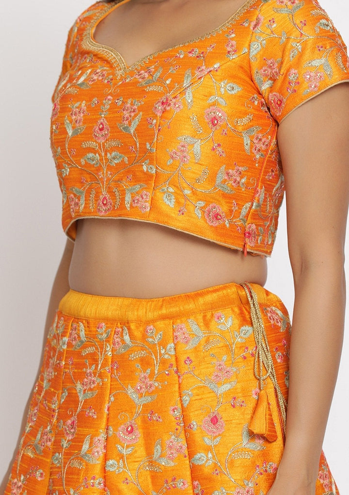 Mustard Gotapatti Raw Silk Designer Semi-Stitched Lehenga - koskii