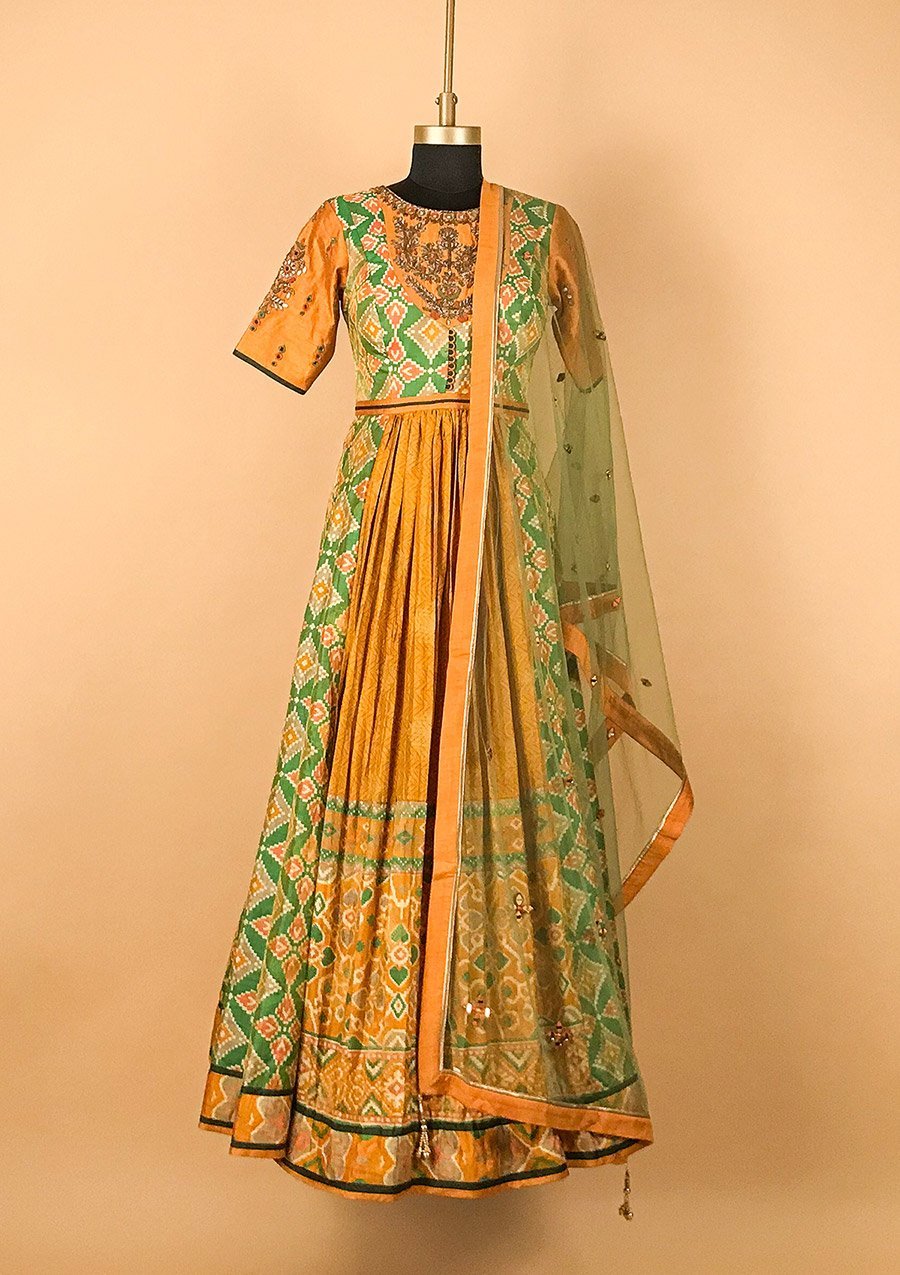 Mustard Gotapatti Raw Silk Designer Gown - koskii