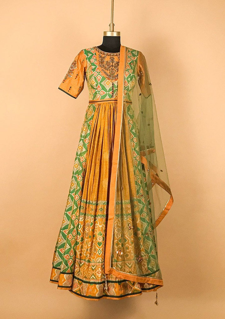 Mustard Gotapatti Raw Silk Designer Gown - koskii