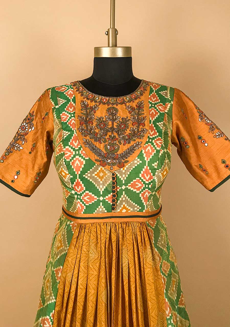 Mustard Gotapatti Raw Silk Designer Gown - koskii