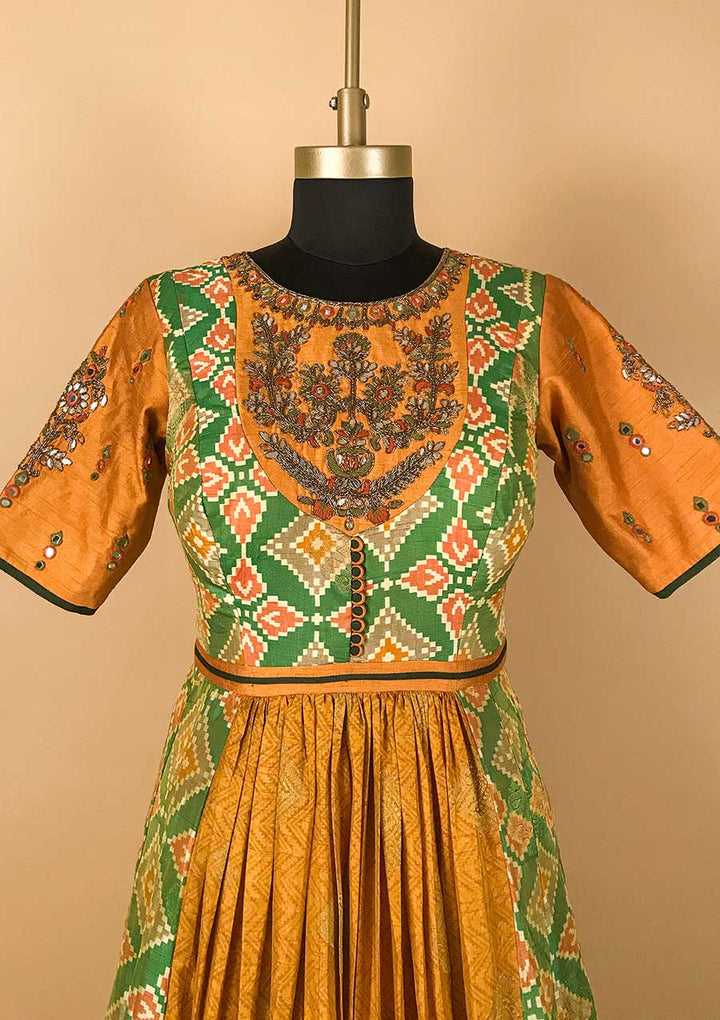 Mustard Gotapatti Raw Silk Designer Gown - koskii