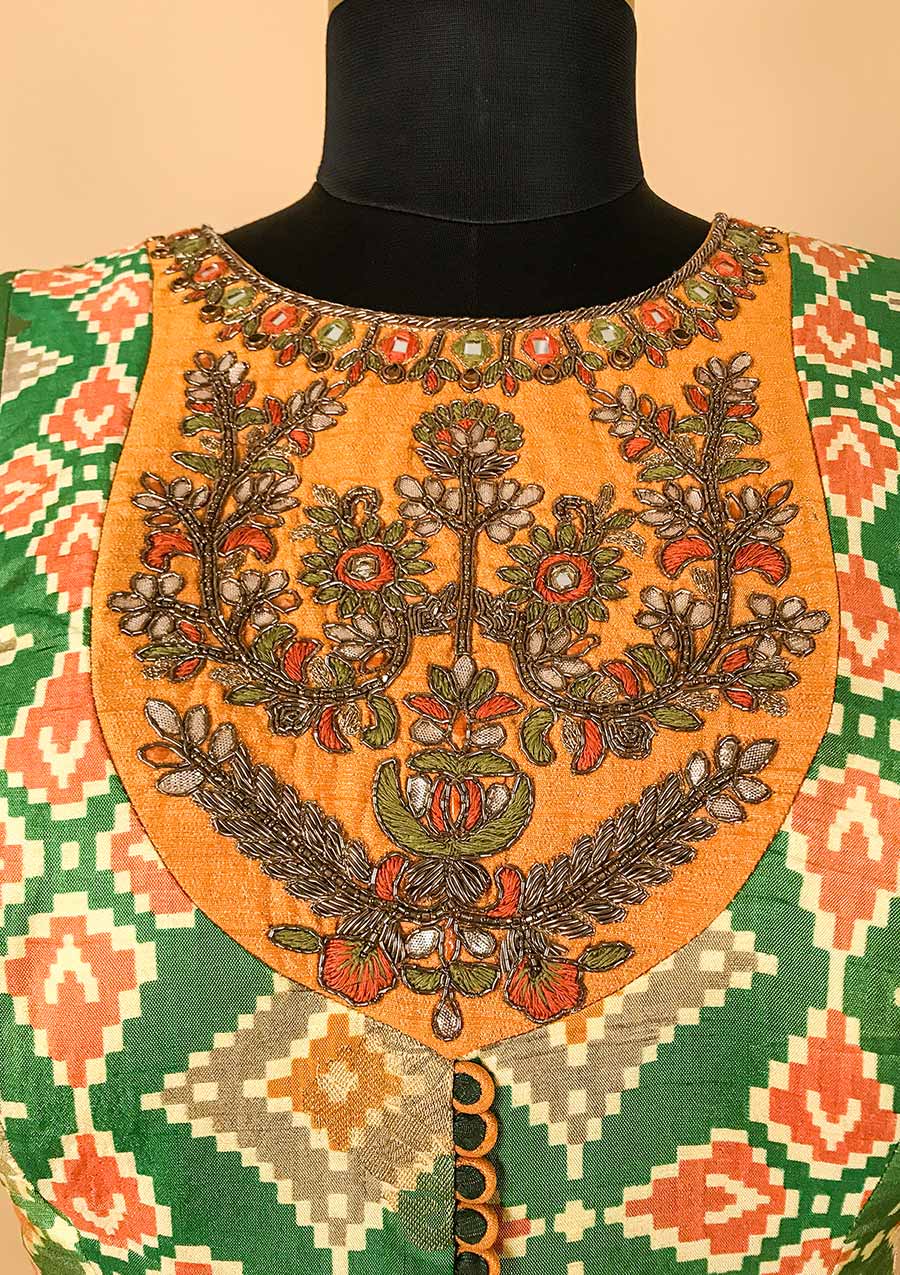 Mustard Gotapatti Raw Silk Designer Gown - koskii