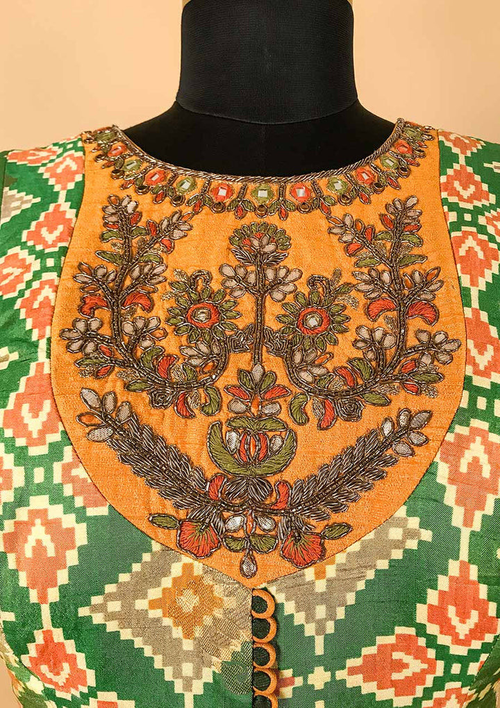 Mustard Gotapatti Raw Silk Designer Gown - koskii