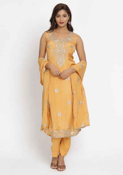 Mustard Gotapatti Semi Crepe Designer Unstitched Salwar Suit - koskii