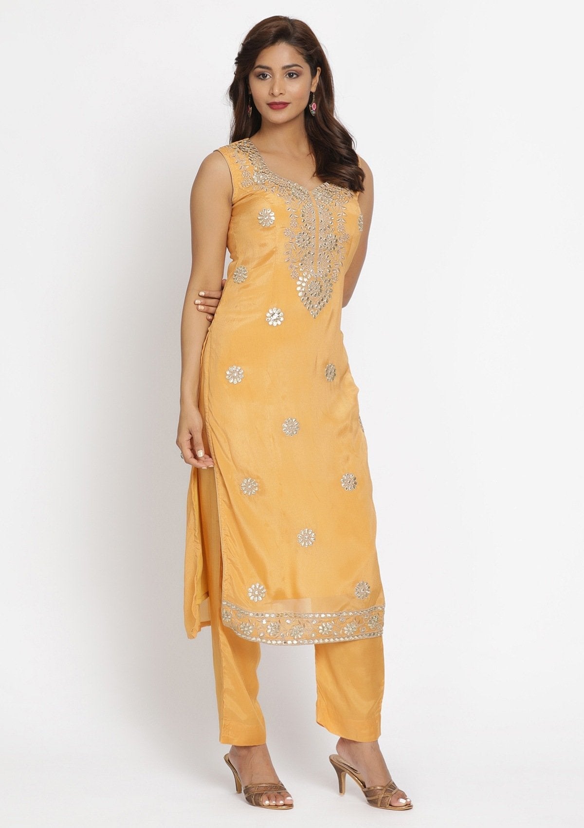 Mustard Gotapatti Semi Crepe Designer Unstitched Salwar Suit - koskii