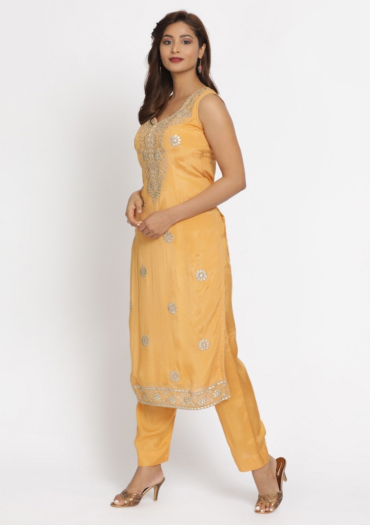 Mustard Gotapatti Semi Crepe Designer Unstitched Salwar Suit - koskii