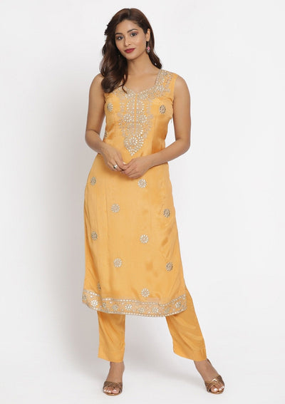 Mustard Gotapatti Semi Crepe Designer Unstitched Salwar Suit - koskii