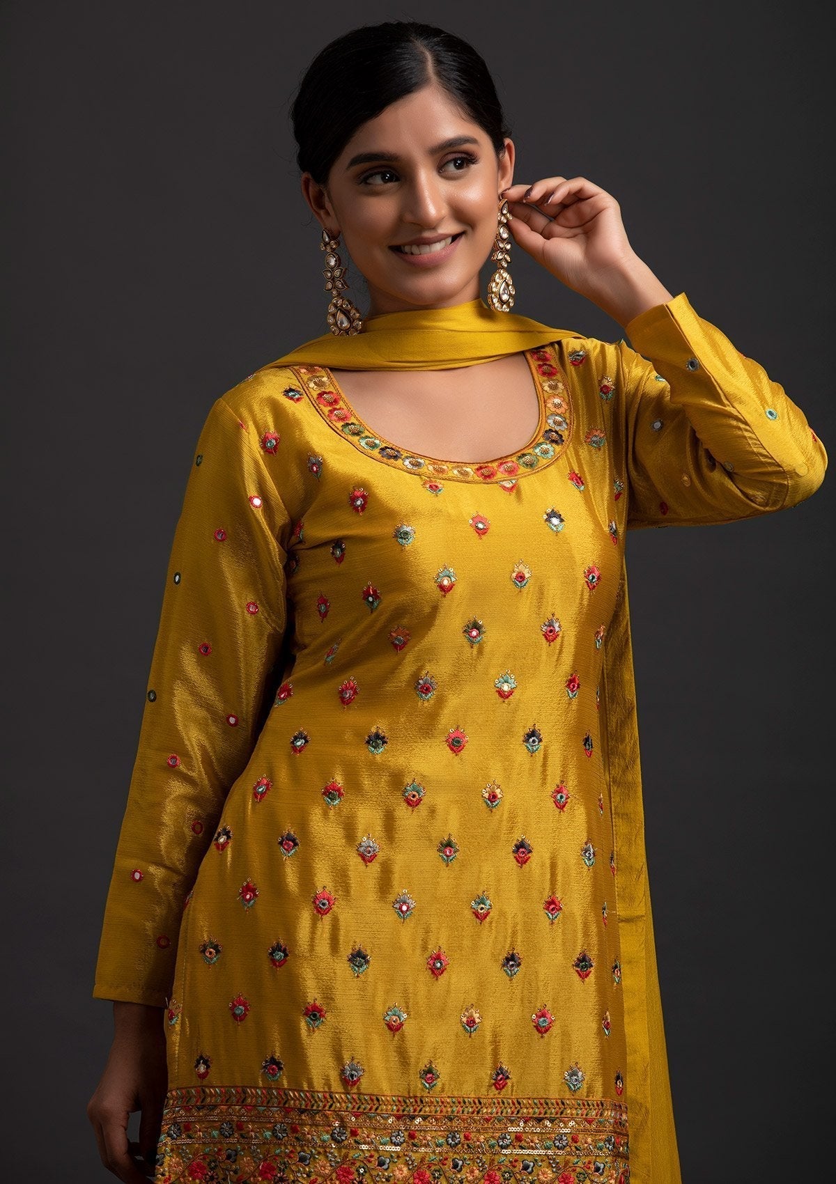 Mustard Sequins Art Silk Designer Salwar Suit - koskii