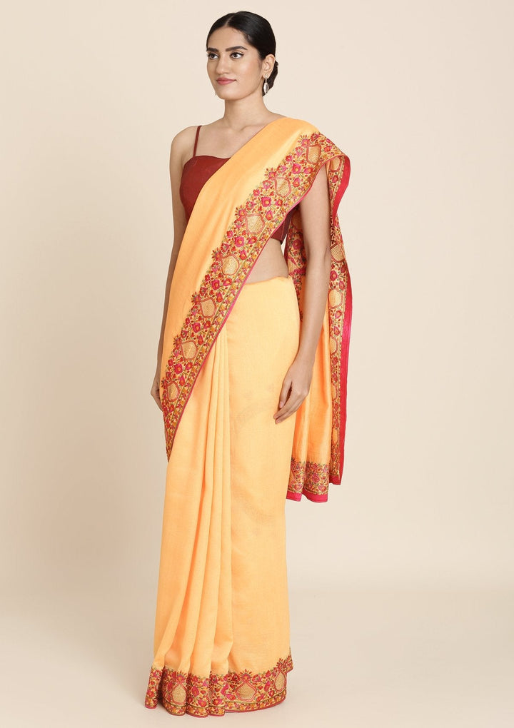 Mustard Threadwork Raw Silk Designer Saree - koskii