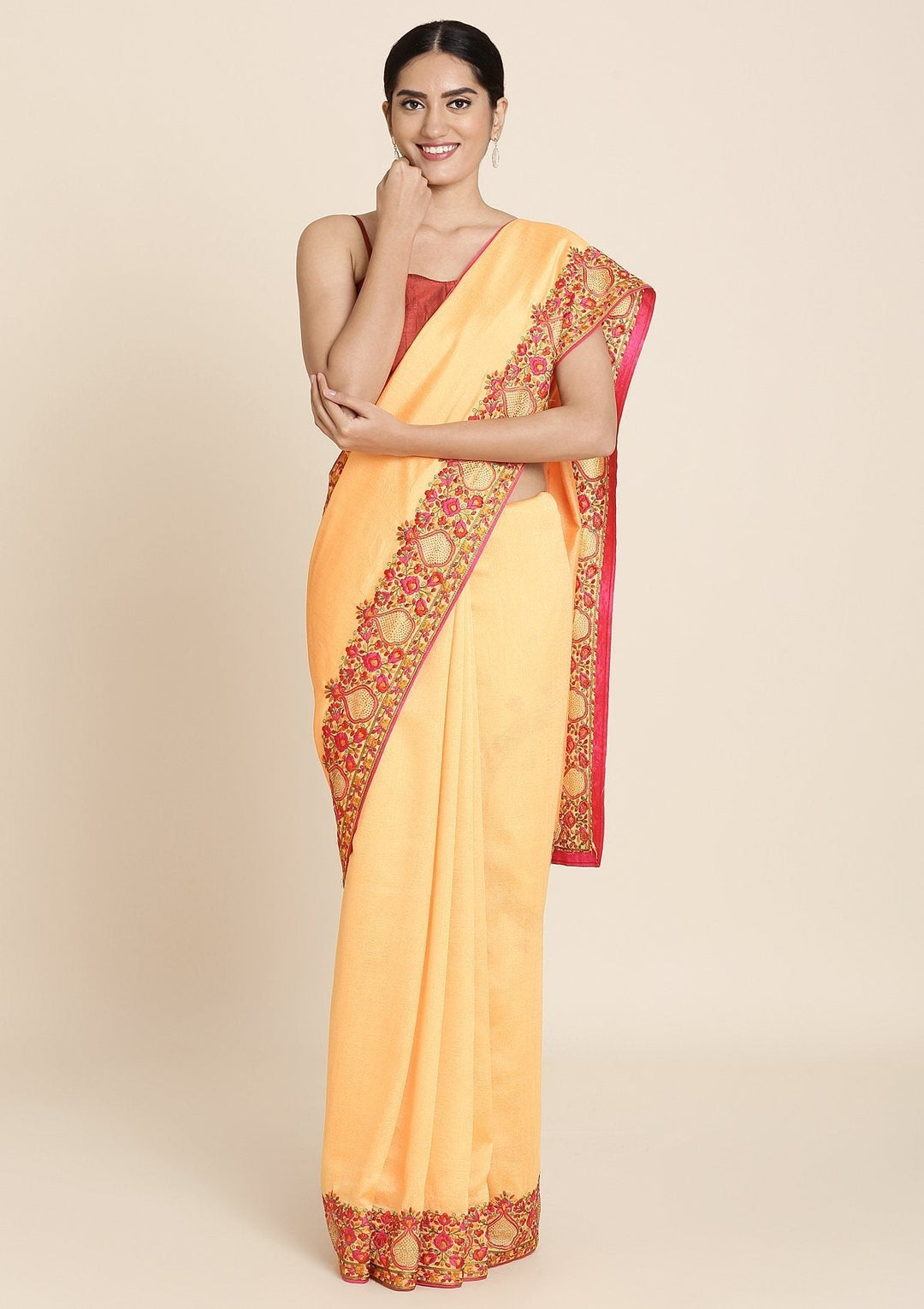 Mustard Threadwork Raw Silk Designer Saree - koskii