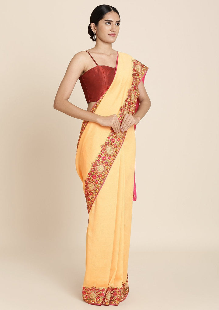 Mustard Threadwork Raw Silk Designer Saree - koskii