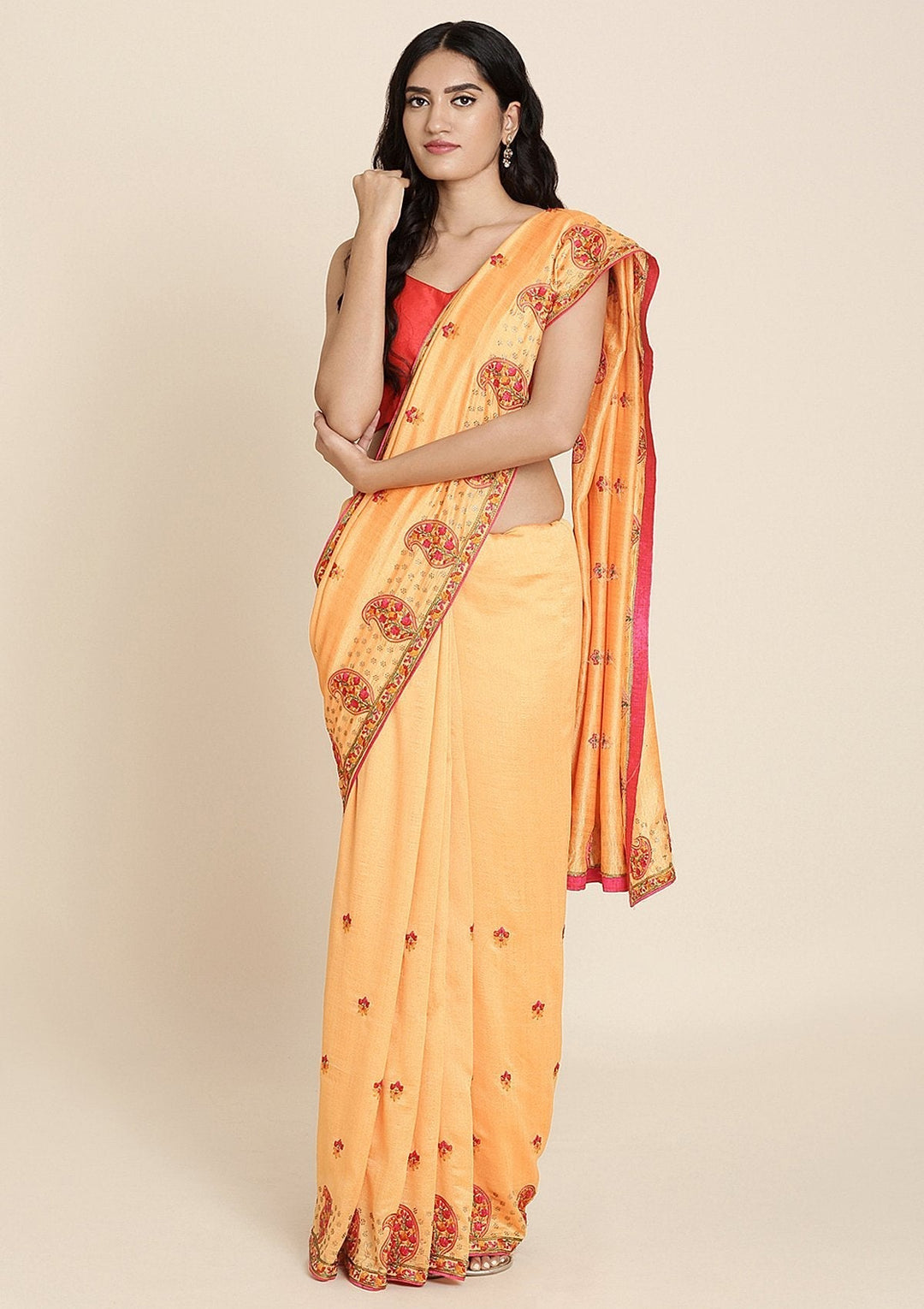 Mustard Threadwork Raw Silk Designer Saree - koskii