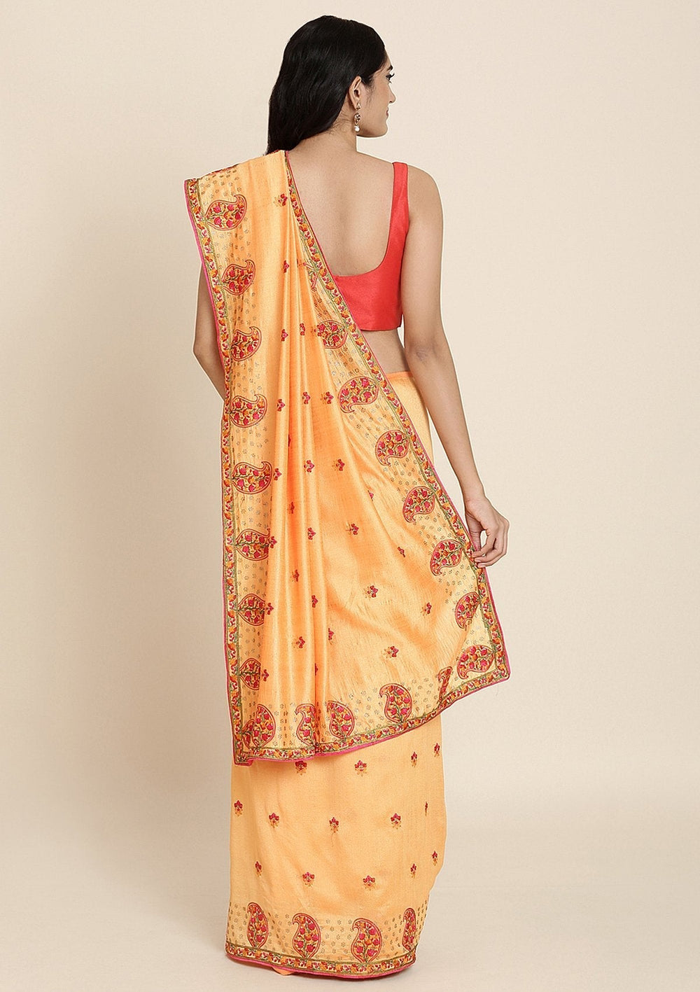 Mustard Threadwork Raw Silk Designer Saree - koskii