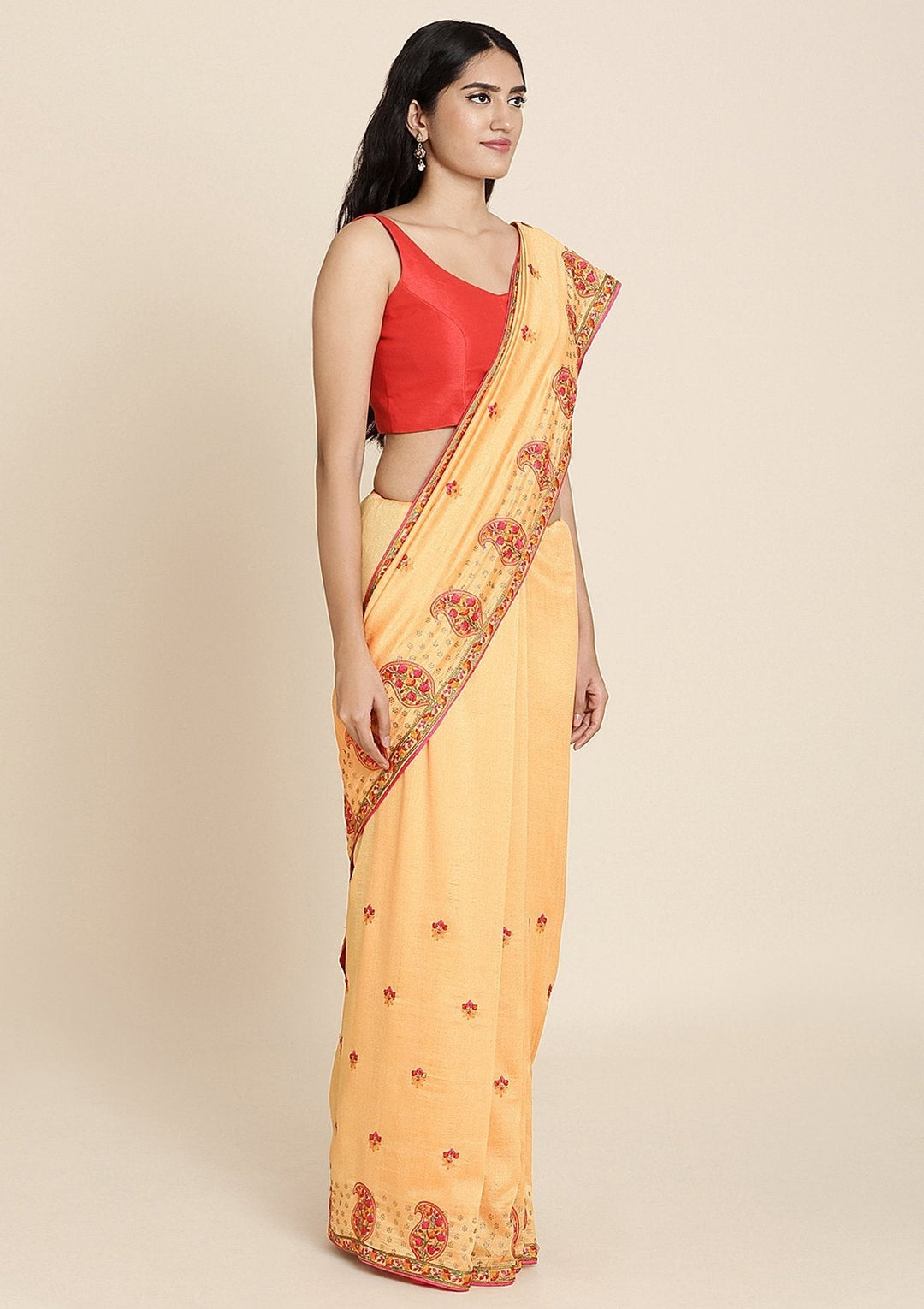 Mustard Threadwork Raw Silk Designer Saree - koskii