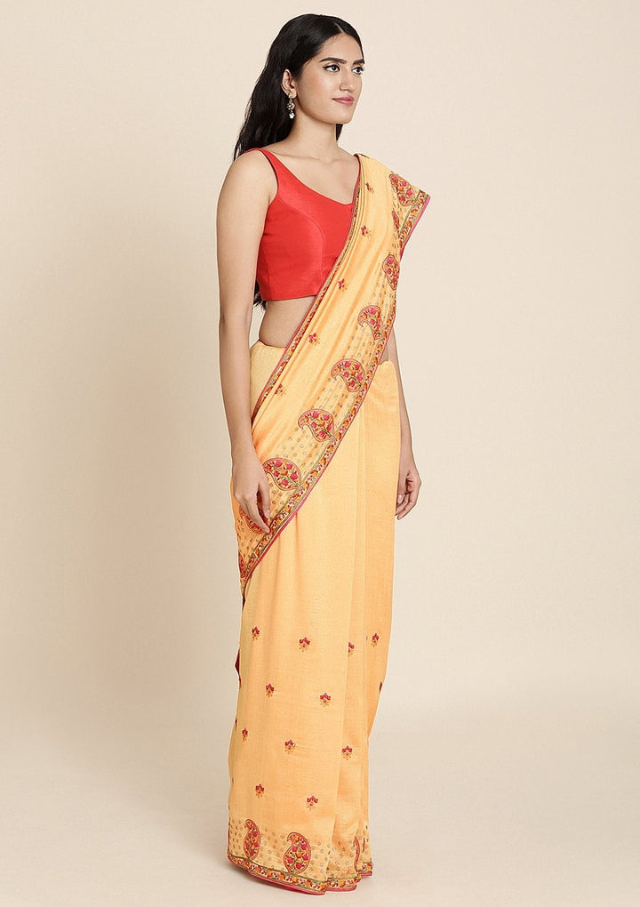 Mustard Threadwork Raw Silk Designer Saree - koskii