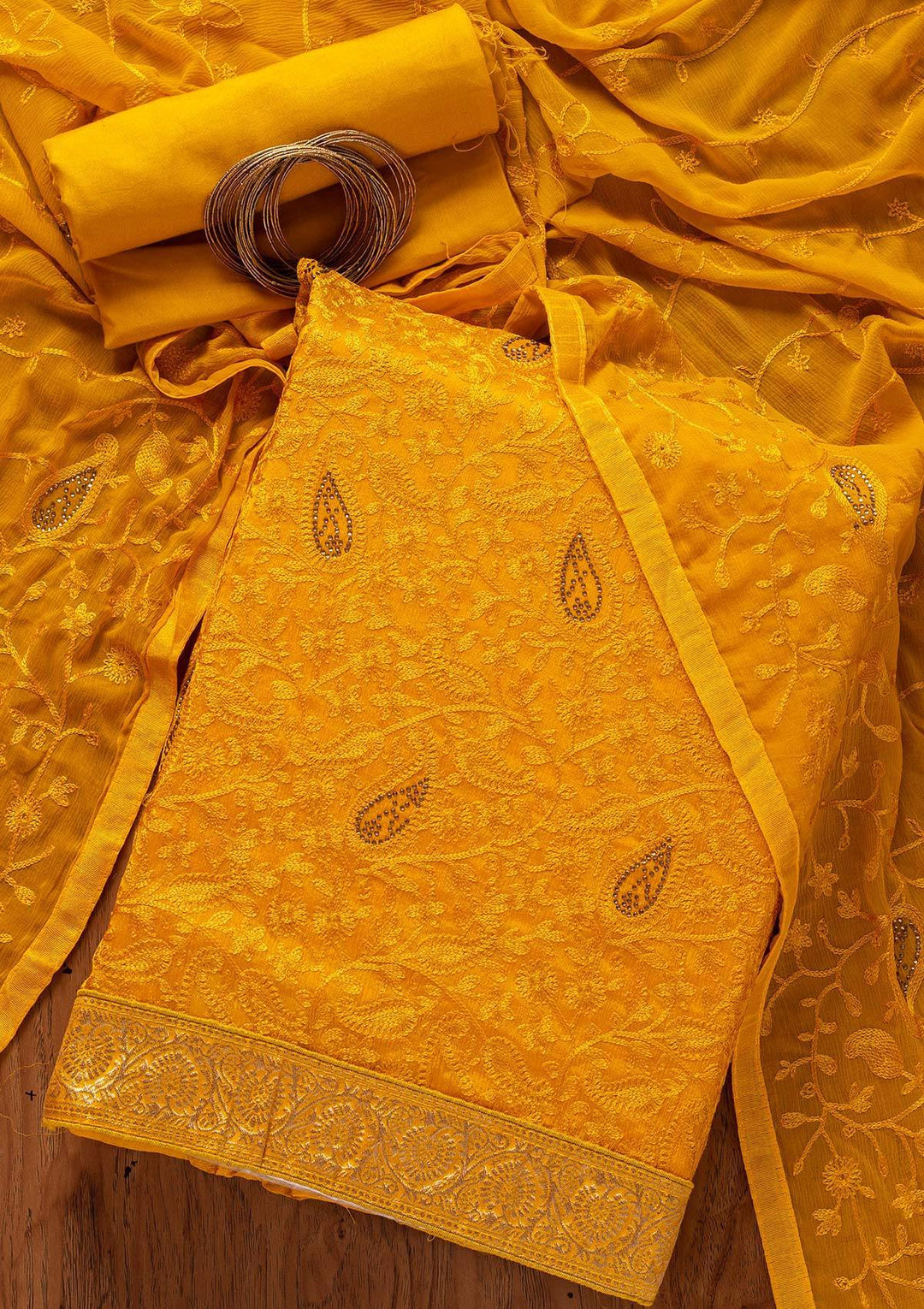 Mustard Threadwork Semi Crepe Designer Unstitched Salwar Suit - koskii