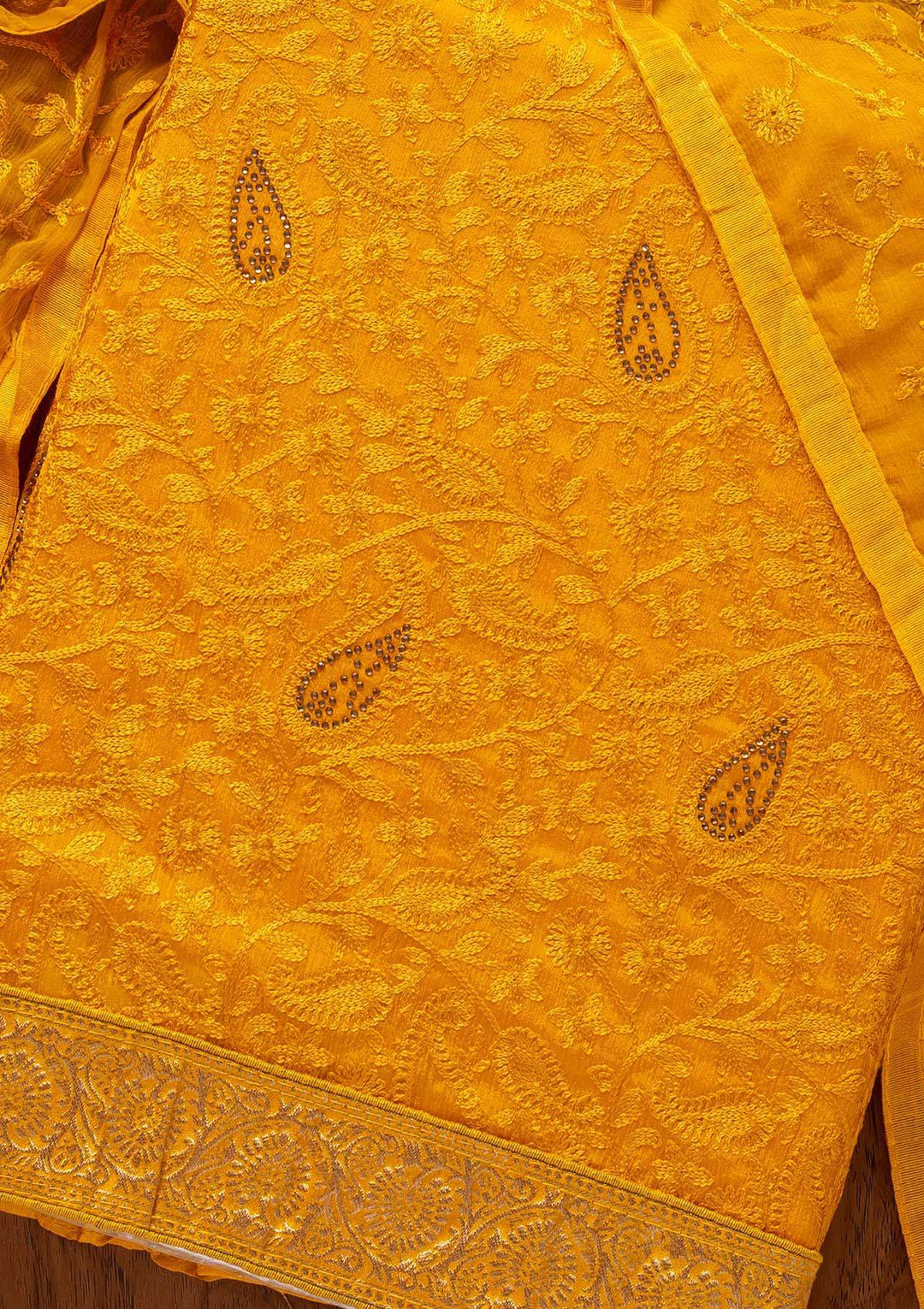 Mustard Threadwork Semi Crepe Designer Unstitched Salwar Suit - koskii