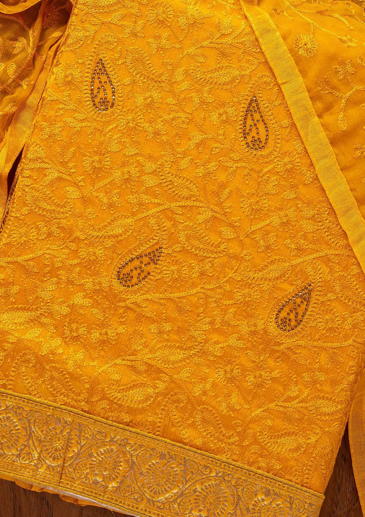 Mustard Threadwork Semi Crepe Designer Unstitched Salwar Suit - koskii