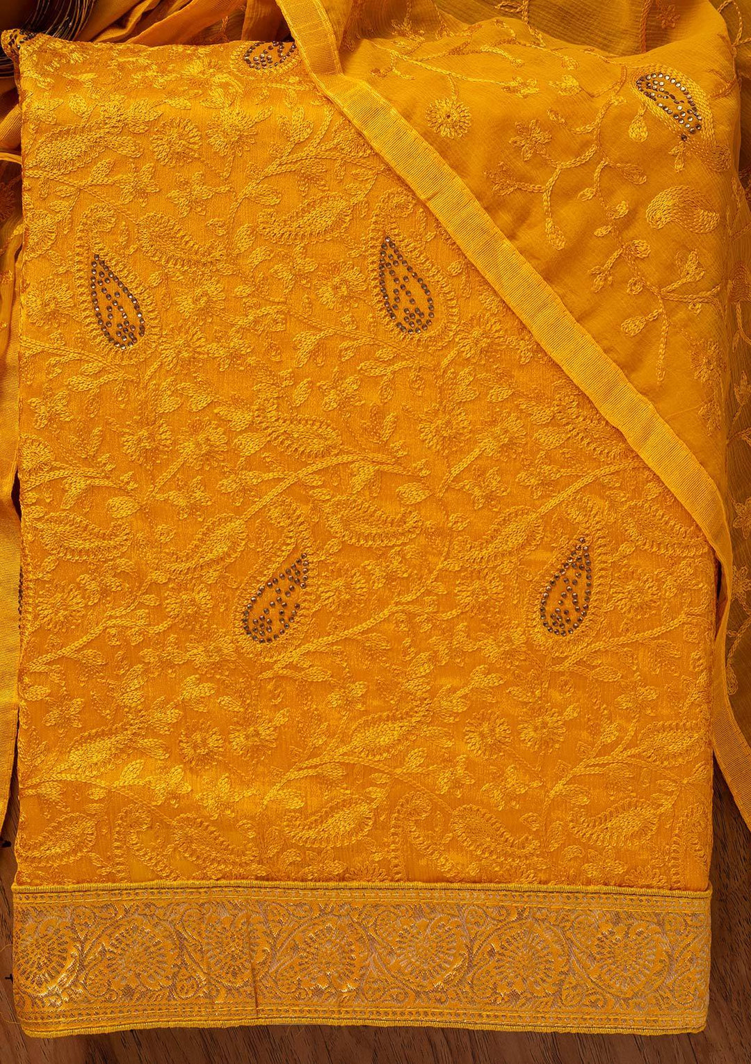 Mustard Threadwork Semi Crepe Designer Unstitched Salwar Suit - koskii