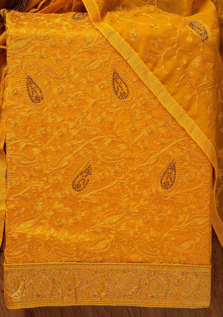Mustard Threadwork Semi Crepe Designer Unstitched Salwar Suit - koskii
