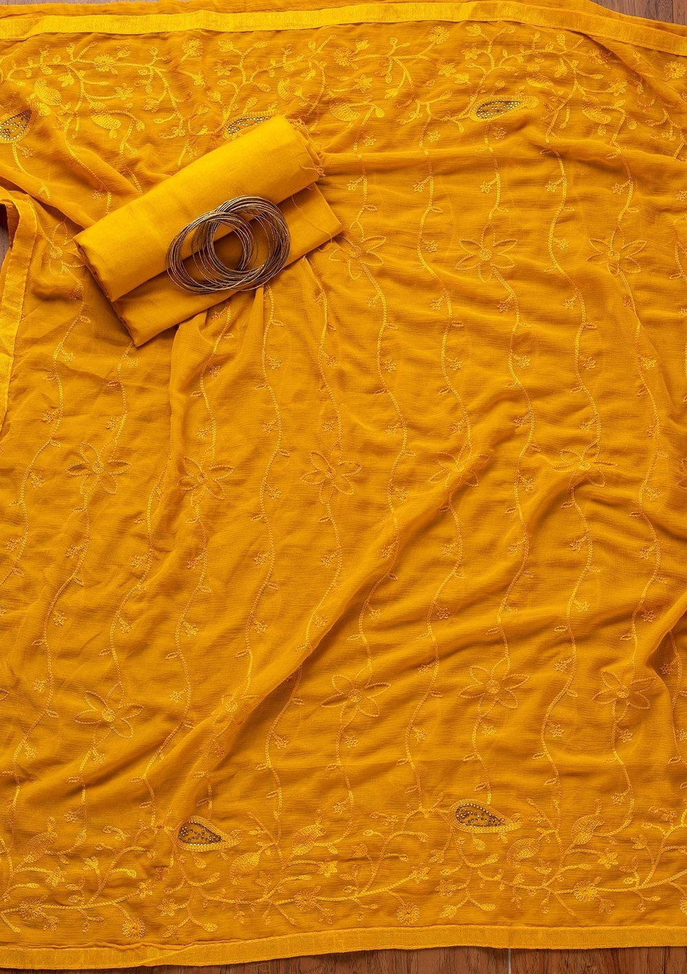Mustard Threadwork Semi Crepe Designer Unstitched Salwar Suit - koskii
