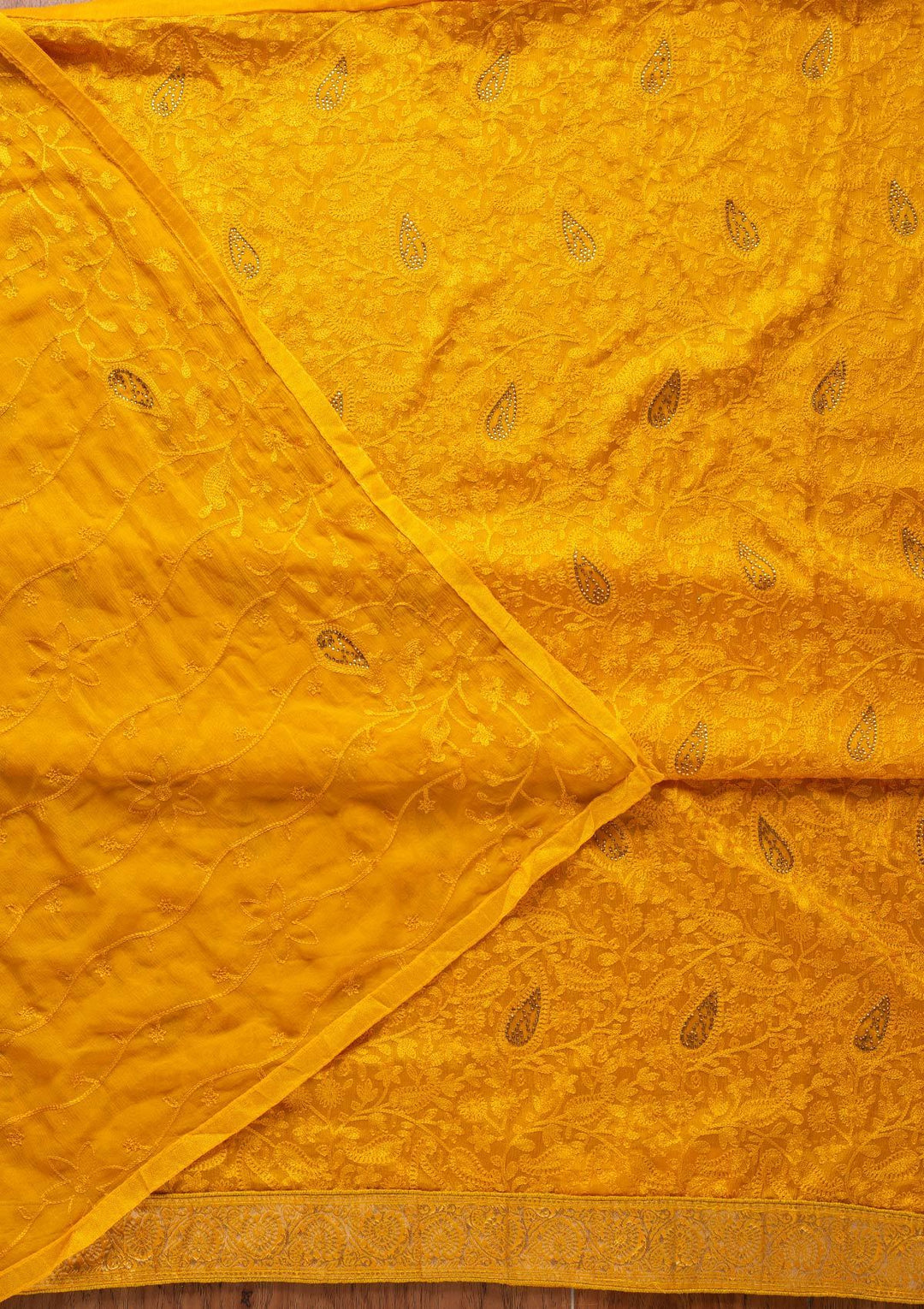 Mustard Threadwork Semi Crepe Designer Unstitched Salwar Suit - koskii