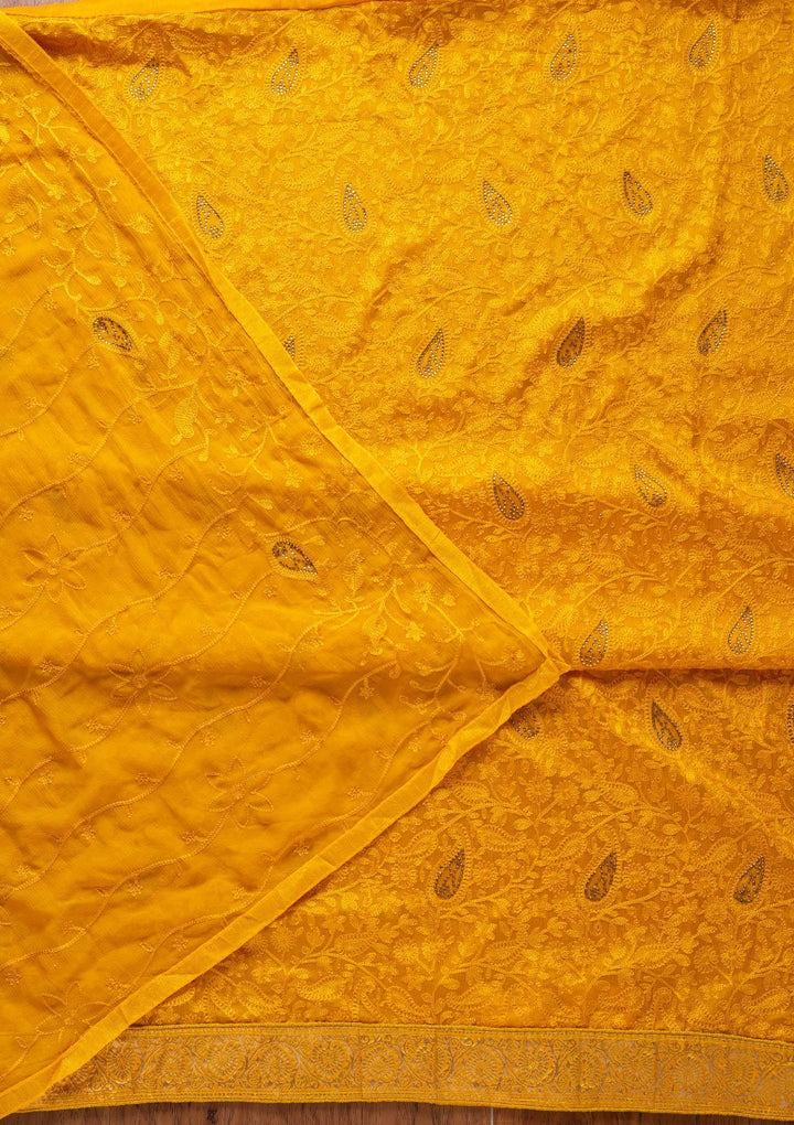 Mustard Threadwork Semi Crepe Designer Unstitched Salwar Suit - koskii