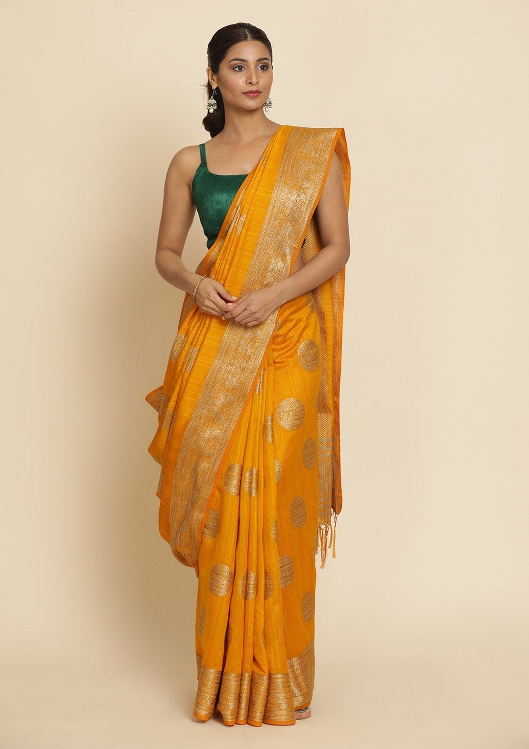 Mustard Zariwork Raw Silk Designer Saree - koskii