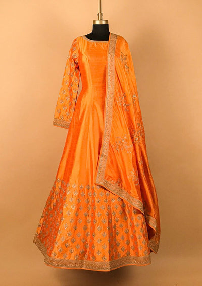 Mustard Zariwork Raw Silk Designer Gown - koskii