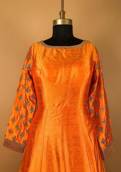 Mustard Zariwork Raw Silk Designer Gown - koskii