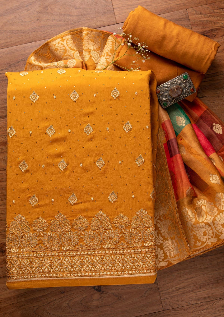Mustard Zariwork Semi Crepe Designer Unstitched Salwar Suit - koskii