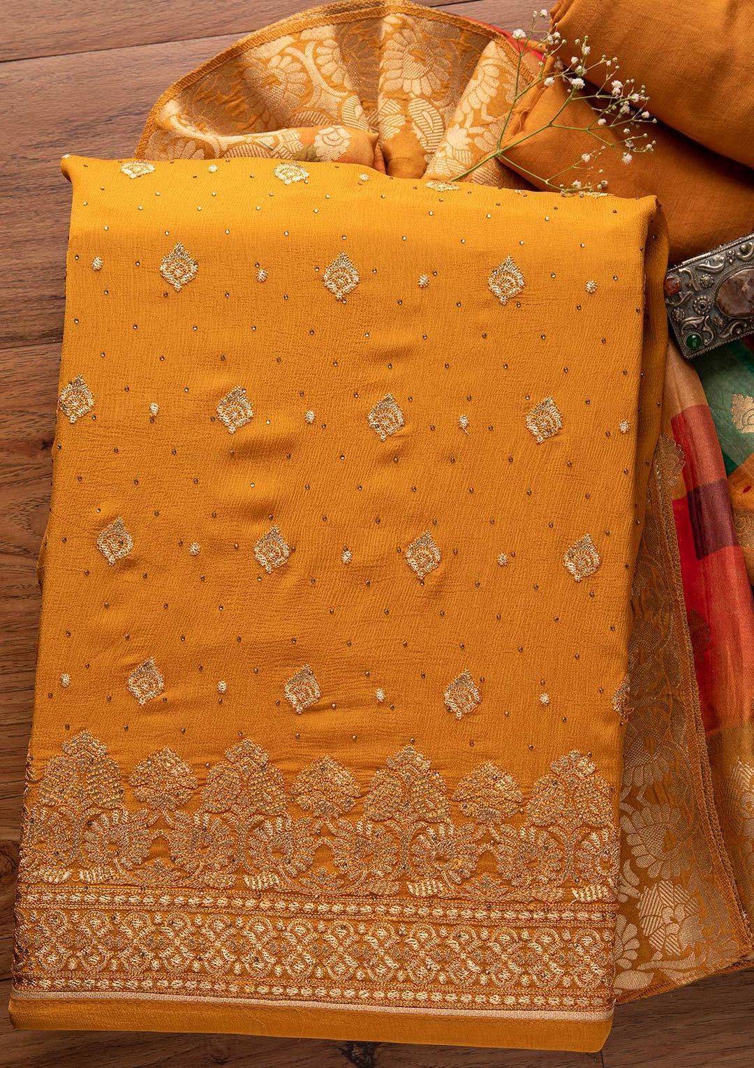 Mustard Zariwork Semi Crepe Designer Unstitched Salwar Suit - koskii