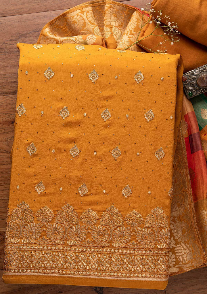 Mustard Zariwork Semi Crepe Designer Unstitched Salwar Suit - koskii
