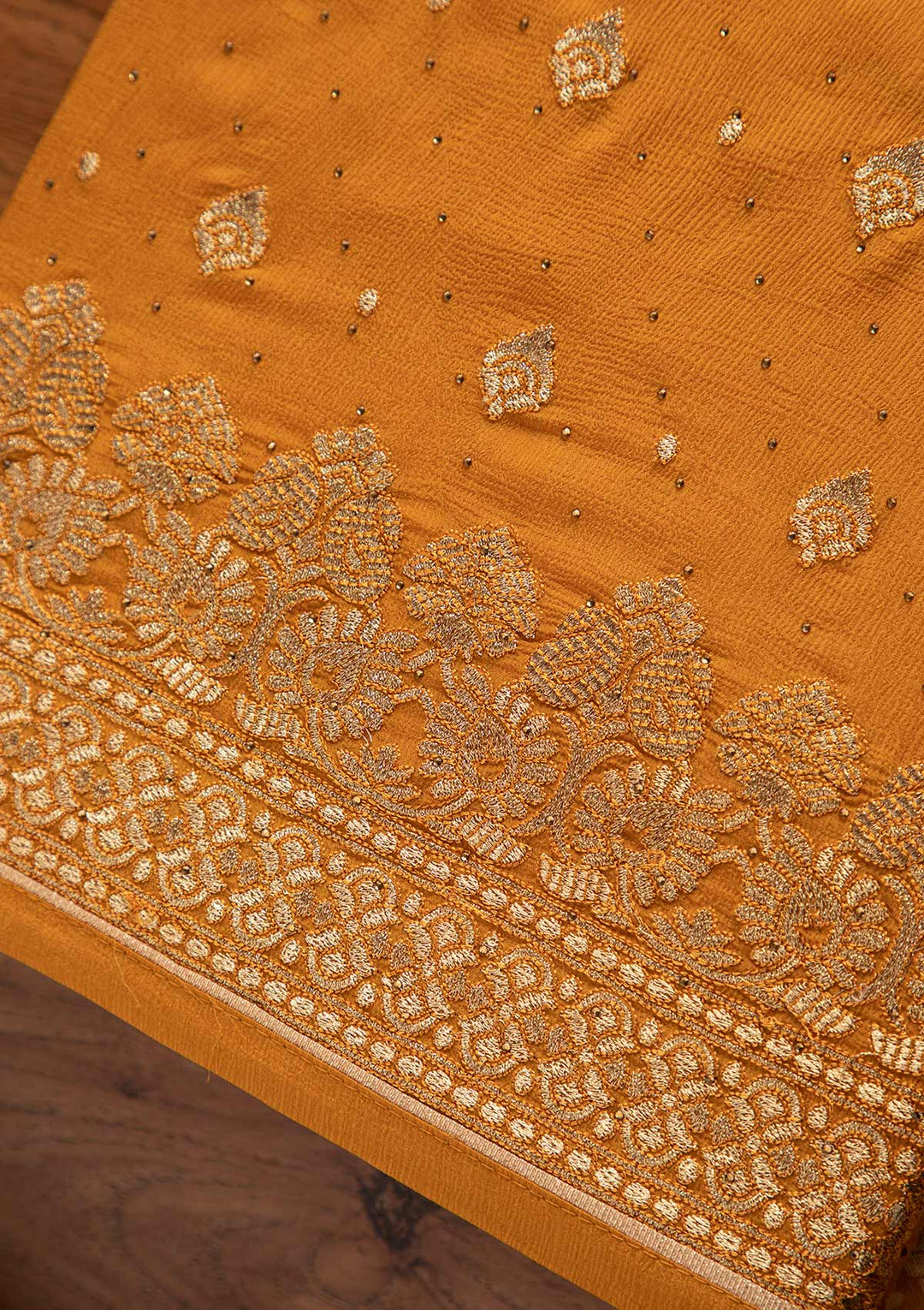 Mustard Zariwork Semi Crepe Designer Unstitched Salwar Suit - koskii