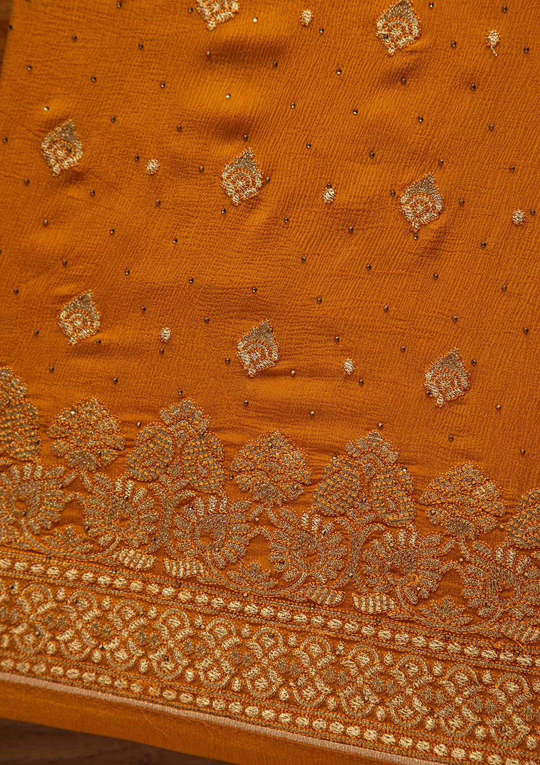 Mustard Zariwork Semi Crepe Designer Unstitched Salwar Suit - koskii