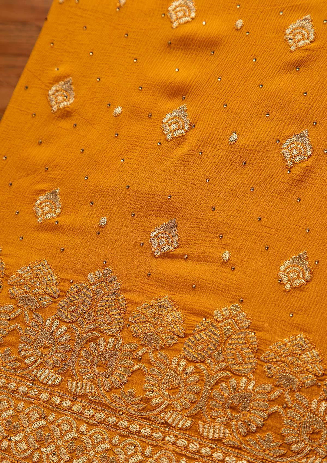 Mustard Zariwork Semi Crepe Designer Unstitched Salwar Suit - koskii